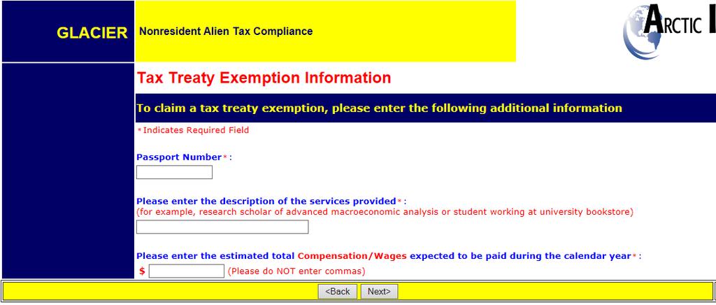 IF YOU ANSWERED YES TO CLAIM TAX TREATY EXEMPTION: Enter your passport information, job title and total