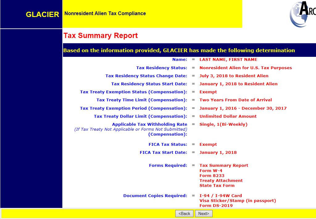 STEP 4: TAX SUMMARY REPORT: Glacier will provide a Tax Summary Report that will provide your tax treaty details, tax