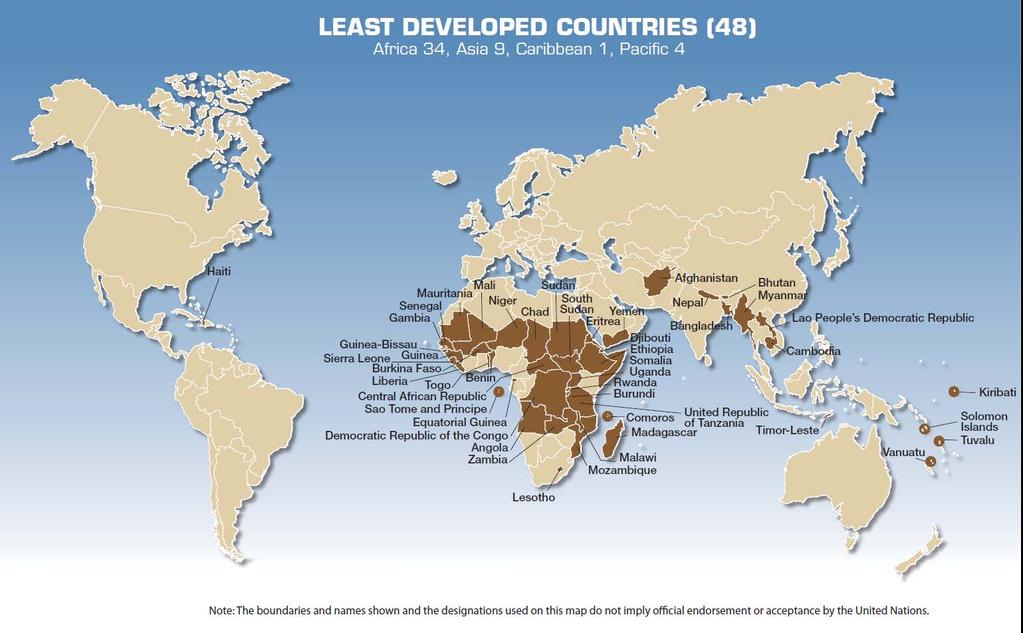 LDC Facts Current Composition 25 LDCs in 1971 48 LDCs in 2016 17 land locked 9 small islands 34 African 9 Asian 4 Pacific 1