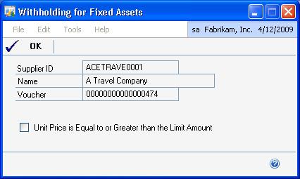 CHAPTER 7 PAYABLES TRANSACTIONS Validating fixed asset transactions for withholding tax If you use the purchasing series to enter fixed asset transactions, you can indicate if the unit price of the