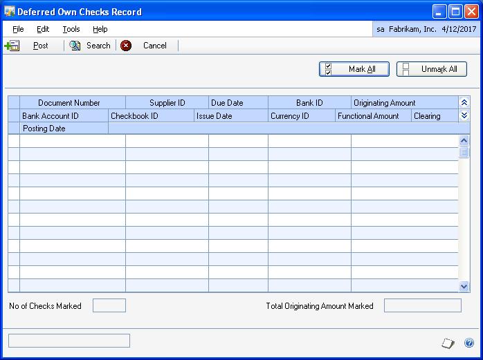 PART 3 UTILITIES AND ROUTINES To process own deferred checks: 1. Open the Deferred Own Checks Record window. (Microsoft Dynamics GP menu >> Tools >> Routines >> Treasury >> Deferred Checks) 2.