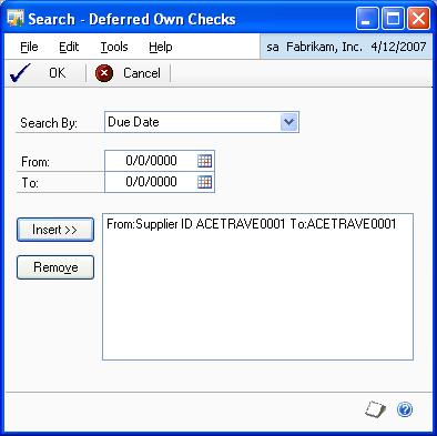 CHAPTER 9 ROUTINES 12. Choose Search to open the Search-Deferred Own Checks window. Refer to Defining the search criteria to process own deferred checks on page 107 for more information. 13.