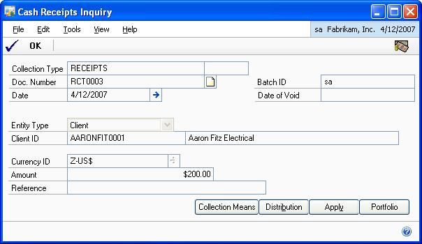 CHAPTER 11 INQUIRIES Viewing receipt details Use the Cash Receipts Inquiry window to view the receipts for a specified customer record. To view receipt details: 1.