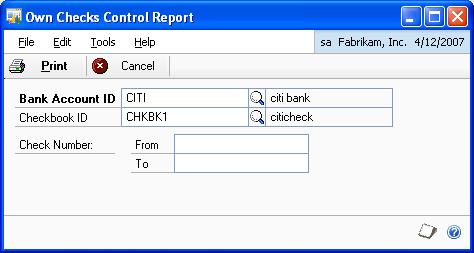 PART 4 INQUIRY AND REPORTING Printing the own checks report Use the Own Checks Control Report window to print the details of own checks such as the check number, issue date, due date and currency.