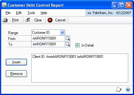 CHAPTER 12 REPORTS To print the customer debt control report: 1. Open the Customer Debt Control Report window. (Reports >> Sales >> Customer Balance Control) 2.