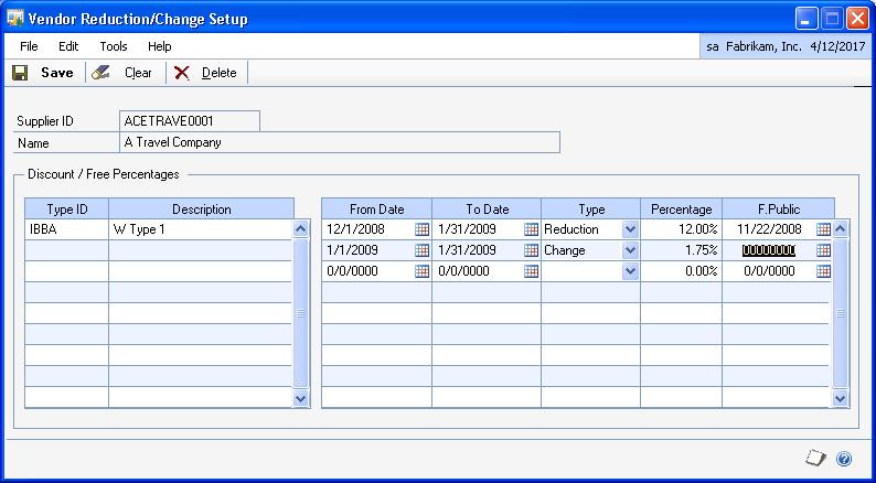 PART 1 SETUP AND CARDS To set up tax change and reduction percentage for a vendor: 1. Open the Vendor Reduction/Change Setup window.