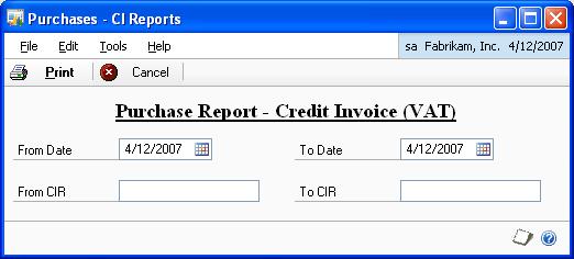 PART 1 SETUP AND CARDS To print reports for purchasing credit invoices: 1. Open the Purchases - CI Reports window. (Reports >> Purchasing >> Report -RFC IVA) 2.