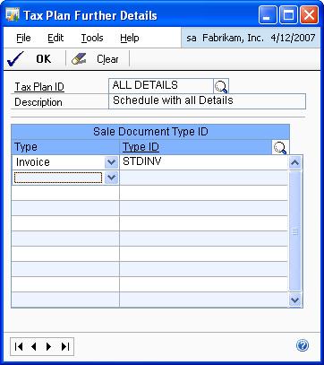 CHAPTER 6 RECEIVABLES TRANSACTIONS Assigning tax schedules to sales documents Use the Tax Plan Further Details window to assign tax schedules to sales documents.