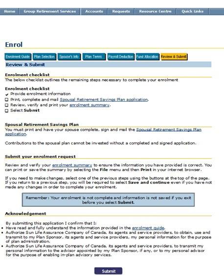 Select Enrolment summary to review your information. Print the Enrolment summary for your files. Select Submit.