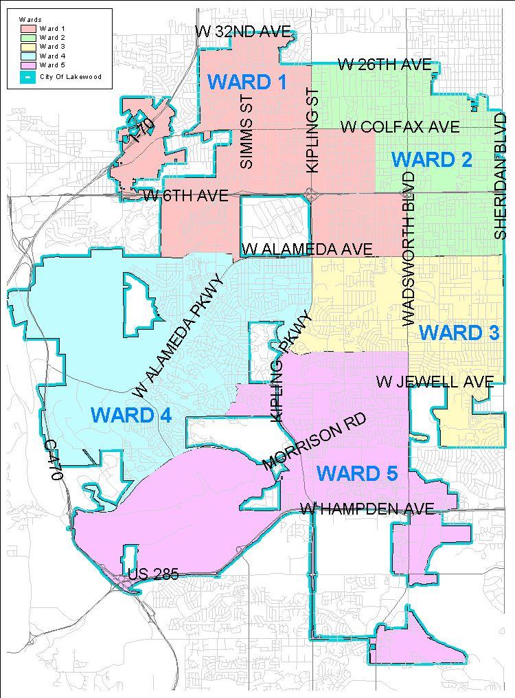 The map below shows the Council Wards within Lakewood.