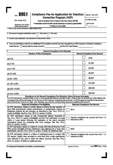 Form 8951 Specific the compliance fee that is being submitted. It also helps applicants determine the applicable VCP compliance fee. Must be attached to Form 8950.