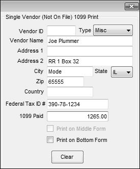If there are some 1099 s to print for vendors that are not in the vendor file, click the Vendor Not on File button, manually add the information, and print these 1099 s one at a time.