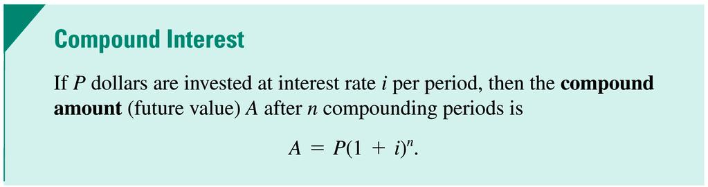 Example: Solution: Suppose that $5000 is invested at an annual interest rate of 3.1% compounded continuously for 4 years. Find the compound amount.
