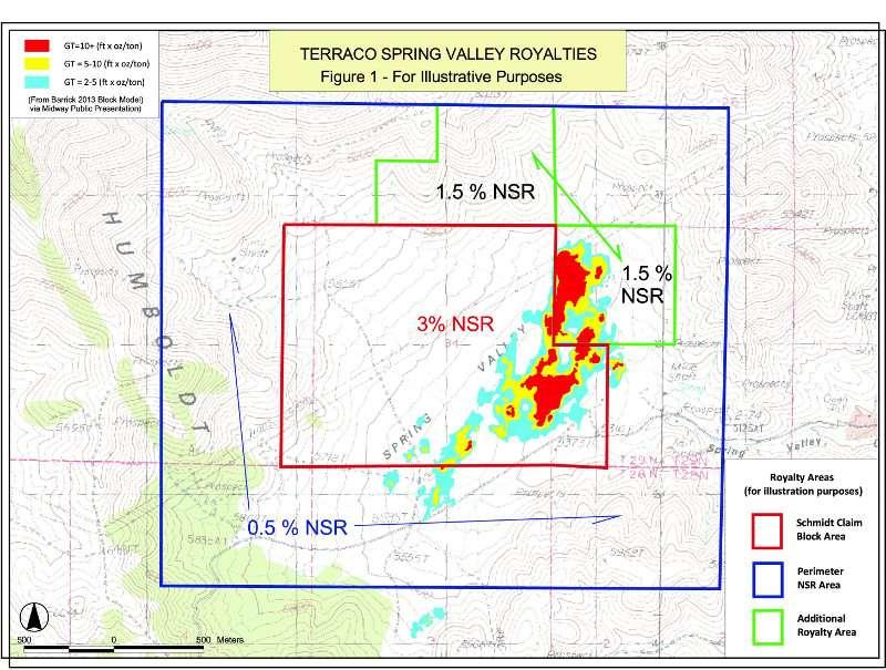 The cost base on Terraco s Spring Valley Royalties is ~$283 per ounce Spring Valley hosts an evolving 2014 National Instrument 43-101 compliant gold resource of 4,370,000 million ounces of gold