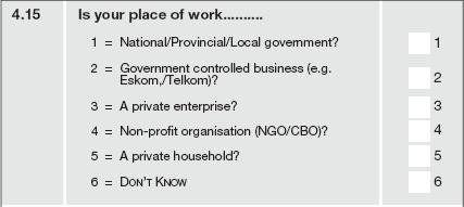 Statistics South Africa 46 02-11-02 3 = Do not know 9 = Unspecified For all employed persons (employees, employers, own account workers and persons helping unpaid in household businesses) Question 4.