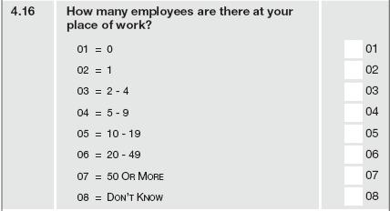 Statistics South Africa 47 02-11-02 Question 4.16 Number of employees (Q416NRWORKERS) (@125 2.) This question deals with the size of the organisation/business in terms of it being formal or informal.