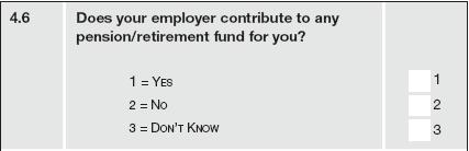 Statistics South Africa 42 02-11-02 The following are for employees only (option 1 in Question 4.5) Question 4.6 Contribution to pension or retirement fund (Q46PENSION) (@106 1.