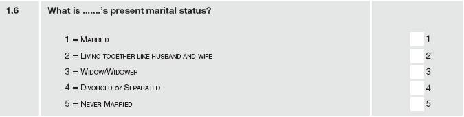 Statistics South Africa 7 02-11-02 Marital status (Q16MARITALSTATUS) (@28 1.) This question is about the marital status of the members of the household.