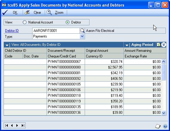 The Apply Sales Documents by National Accounts and Debtors window 5.