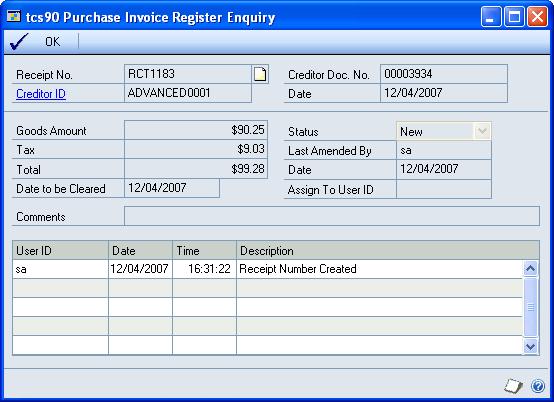 The Purchase Invoice Register window 9.1 Viewing Invoice Register Details To view invoice register details using the Purchase Invoice Register Enquiry window: 1.