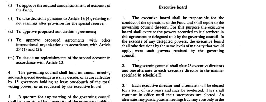 executive board concerning the interpretation or application of this Agreement ; ( i ) To approve the audited annual statement of accounts of the Fund ; (j ) To take decisions pursuant to Article 6