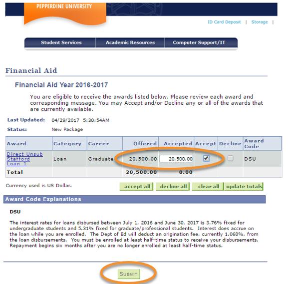 In order to reduce the amount of loan funding you wish to borrow, click the box under the Accept column beside the loan you wish to accept.