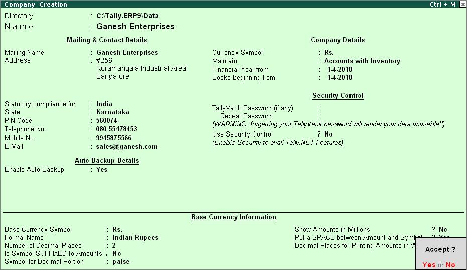 Configuring Tally.ERP 9 for TCS The Completed Company creation screen is displayed as shown. Figure 1.