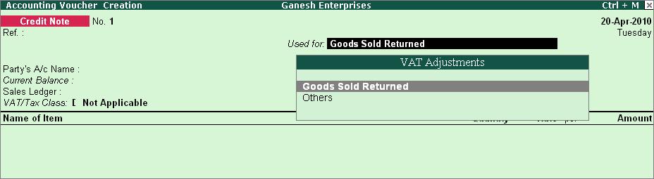 TCS Transactions Figure 3.18 Selection of VAT Adjustments 4. Select Chandra Timbers in Party s A/c Name field 5. Select Sales @ 12.
