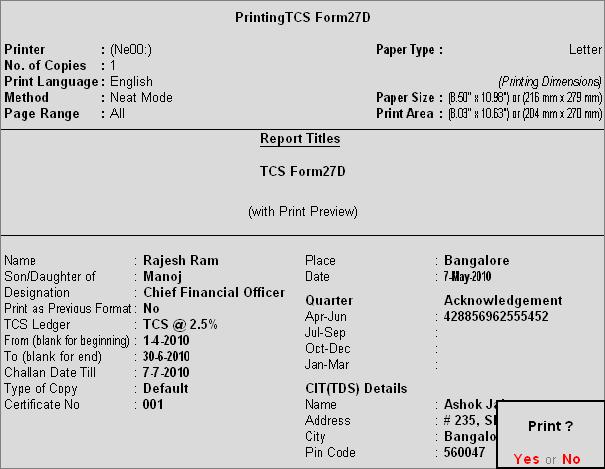 Reports The completed Printing TCS Form 27D configuration screen is displayed as