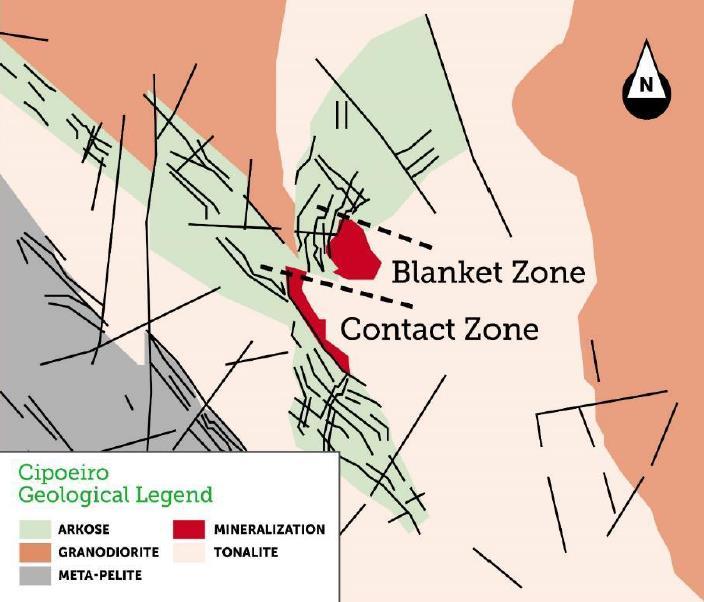 Two deposits make up the CG project Cipoeiro and Chega Tudo. AVB will focus on the Cipoeiro deposit initially which is itself composed of two zones Contact Zone and Blanket Zone.