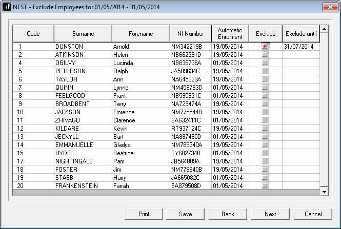 4. Tick the box in the Exclude column to exclude the worker from the contributions file. This will hold back the worker s contributions until the date entered in the Exclude until column.