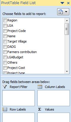 For example, Drag Region to Report Filter, LGA to Row Labels, Judgment to Column Labels, Quality