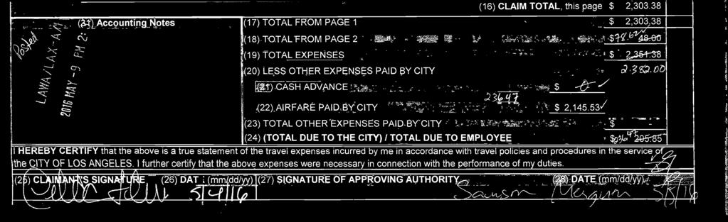 53/ (23) TOTAL OTHER PENSES PAID BY CITY $ - (24) (TOTAL DUE TO THE CITY) / TOTAL DUE TO EMPLOYEE $1,50,u(195765- HEREBY CERTIFY that the above is a true