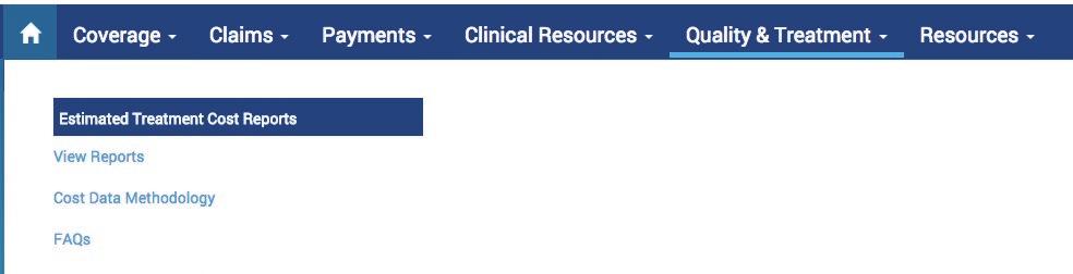 The Quality & Treatment menu option, contains the Estimated Treatment Cost Reports and reference materials needed to understand the reports.