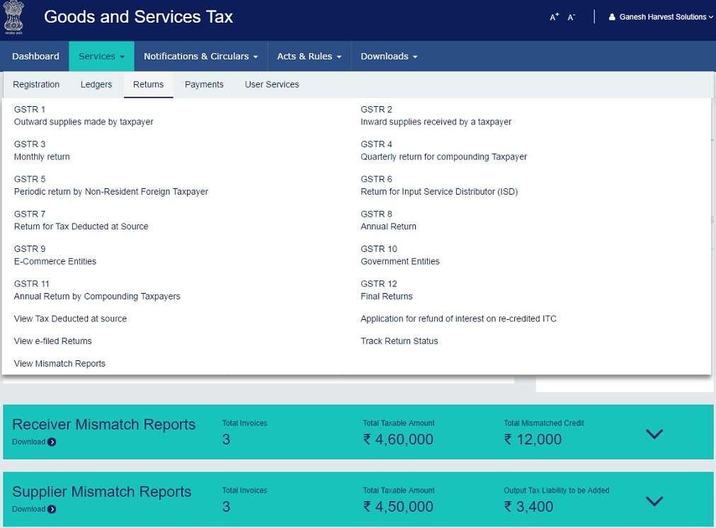 Services on GST Portal This section shows all the services
