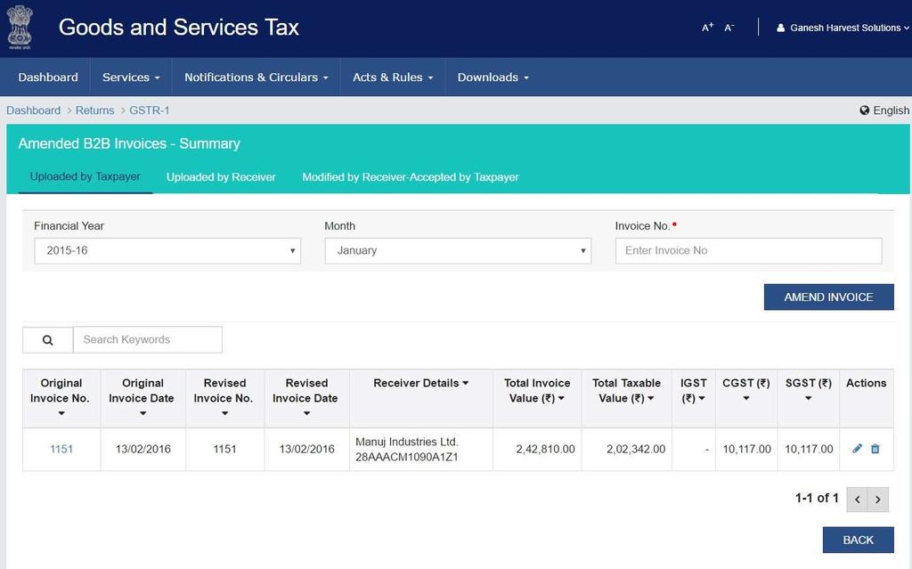 GSTR 1 : Amended B2B Invoices This section helps you to do amendments to