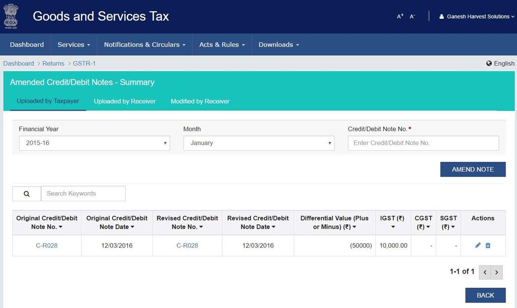 GSTR 1:Amended Credit/Debit Notes This