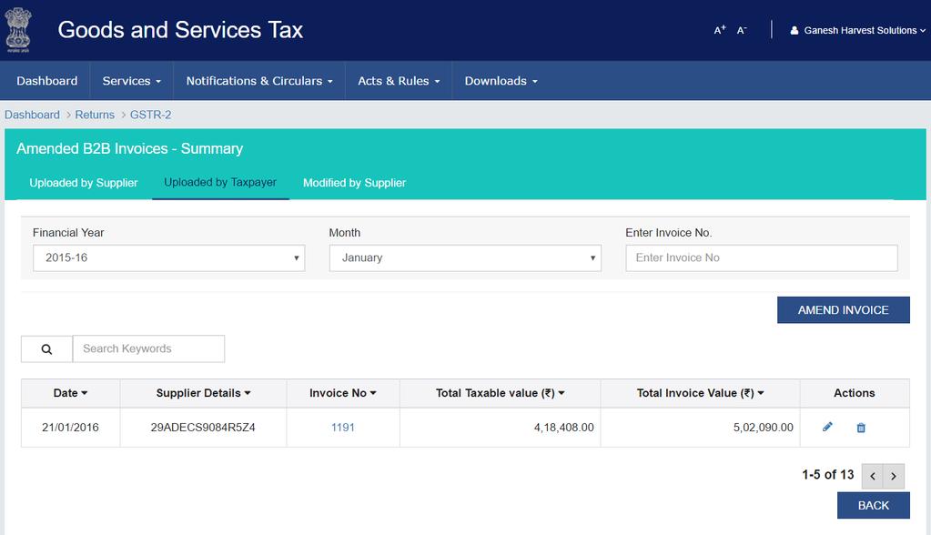 GSTR 2 : Amended B2B Invoices Taxpayer Details This