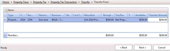 Enter the transfer amount and click Next to continue Correcting Property Tax Receipts Wrong Receipt Paid