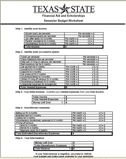 Semester Budget Worksheet (available