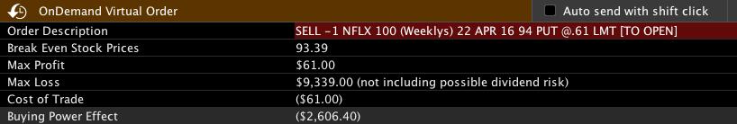 Netflix (NFLX) Trade Initiate Trade on 4/20 Sell April 94 Put (right at-the-money)