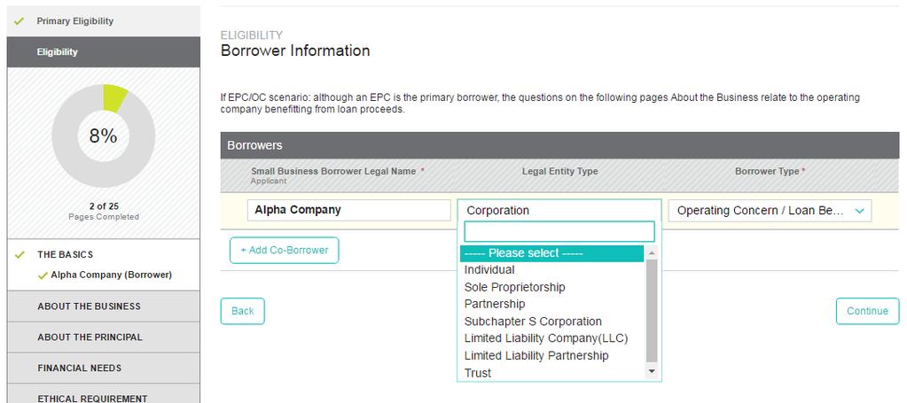 How do I input borrower information for a Corporation owned by an Entity?