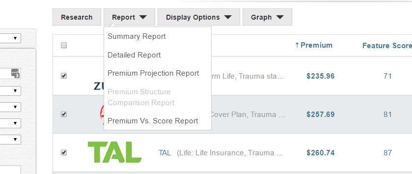 When you have multiselected from the drop downs, click here to show the new premiums, and the system will show you all of the combinations of options and premiums for the combinations