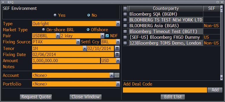 BLOOMBERG SEF FOR PERMITTED TRANSACTIONS FX» In the FX space, Swaps (NDFs and FX Options) without mandatory clearing and SEF execution requirements, are classified as permitted transactions.