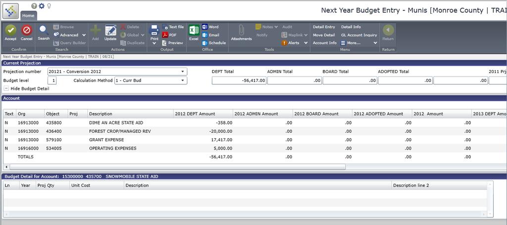 The program displays the Next Year Budget Entry screen. A list of all departmental accounts will be listed. Highlight an account to enter Budget Detail.