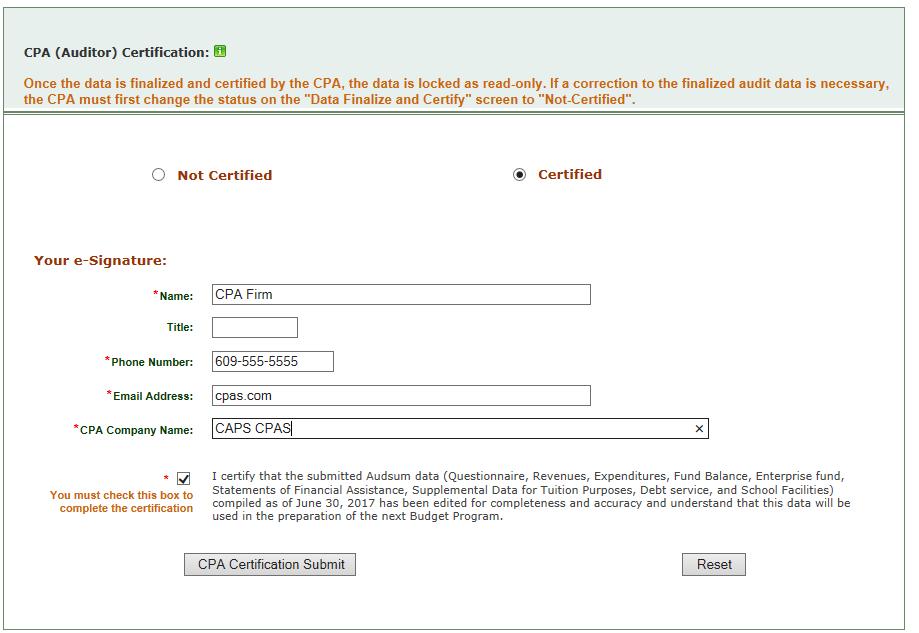 (Figure 23) CPA Certification The image shows the screen shot where auditor can centify the AudSum data.