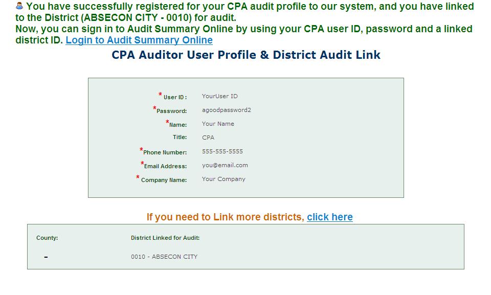 account linked to that district). Click on the Link button. The screen shown in Figure 4 will appear with the name and district number for the linked district.