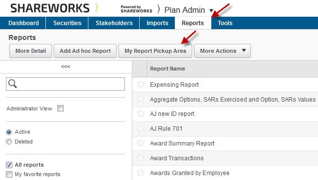 Searching for a Tax File Request To search for a Tax File Request (US Only), go to the Reports tab and click on My Report Pickup Area.
