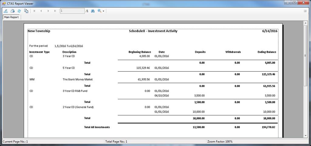 CTAS User Manual 17-8 Investment Reports: Printing the Schedule 8 - Investment Activity Report (continued) After reviewing the preview, click on the Printer icon (circle, left) to begin printing the