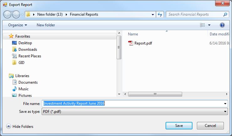 CTAS User Manual 17-20 Investment Reports: Creating a PDF Version of a Report (continued) After clicking on the Export icon, the Export Report screen appears.